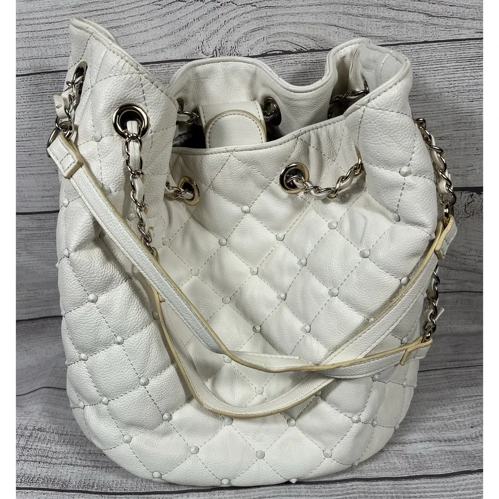 Big Buddha Quilted Studded Hobo Shoulder‎ Bag White With Gold Tone Chain Links